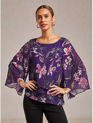  camicetta da donna in chiffon trasparente viola scuro con stampa floreale, mezza manica, orlo a strati, scollo rotondo, pullover