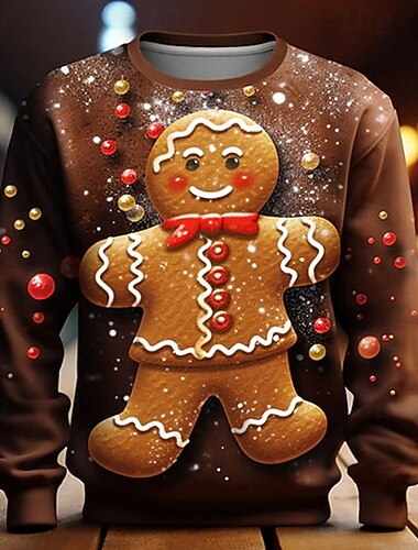  Noël Homme Graphique Emoji bonhomme en pain d'épice Sweatshirt Mode Streetwear Vacances Occasionnel Col ras du cou Sortir Festival Marron Café Impression 3D Printemps Automne Designer S M L XL 2XL 3XL