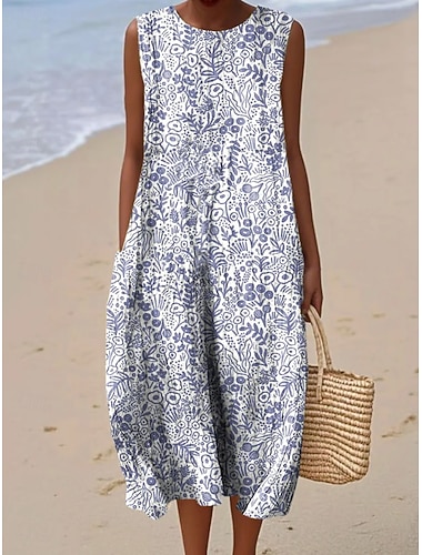  Robe midi en lin pour femmes robe de soleil robe à shift robe trapèze vacances décontractées boho sortie plage coupe ample graphique floral sans manches col rond bleu blanc  vert blanc rose été