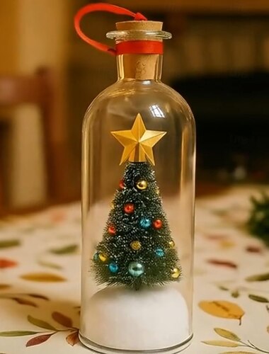  karácsonyfa üzenet palackban, rögzíthető karácsonyfa hangüzenet palackdísz visszajátszható parafával, havas jelenet nosztalgikus palackban