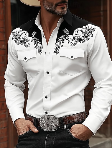  رجالي طباعة زهور عرقي الزهور قميص القميص الغربي قميص كاوبوي كم طويل ريترو خمر الأماكن المفتوحة فضفاض ملابس عمل الربيع الخريف طوي جيبان أماميان قميص يشبه الكتان قمصان بأزرار أزرق أسود بني أخضر