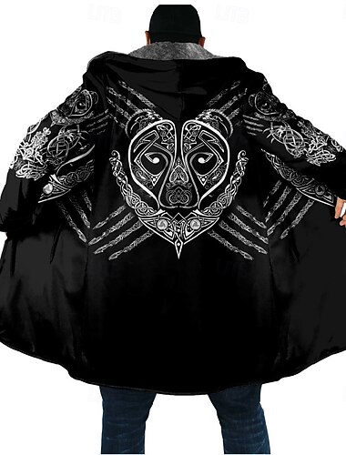  Per uomo Vichingo Cappotto Invernale Giacca in Pile Cappotto Calore Termico Confortevole Casual Abbigliamento quotidiano Cerniera Tasca Stampa 3D Autunno Inverno Con Cappuccio Manica Lunga Nero 1