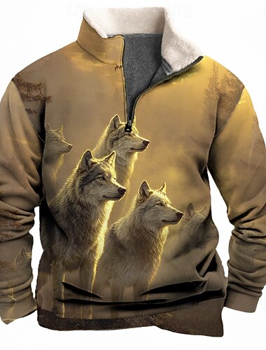  Voor heren dier Wolf Fleece Sweatshirt Modieus Casual 3D Opstaand Kwart ritssluiting Buiten Vakantie Lahja Streetwear Bordeaux Bruin Halve rits Herfst Winter Ontwerper S M L XL XXL XXXL