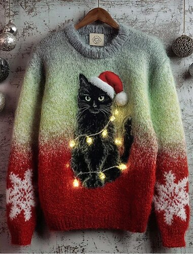  Жен. Вязаная ткань Пуловер Повседневные На каждый день Графика Животное Новогодние шапки Рельефный узор Вырез под горло Трикотаж С принтом Длинный рукав Обычные топы Вязать