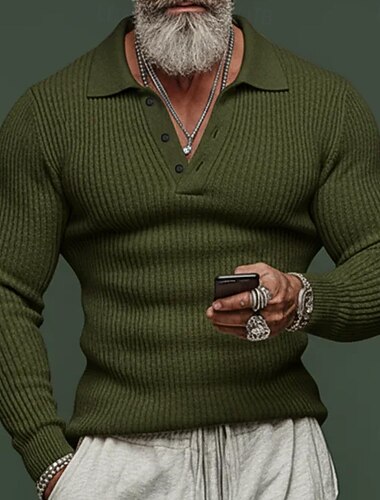  Homens Tecido Manga Longa Lapela Básico Moderno Confortável Esportes Feriado Casual / Diário Botões Estriado Primavera Outono Inverno Vermelho Marron Verde