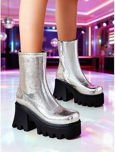  stivali da donna con plateau in metallo argentato, tacchi spessi e cerniera - stile disco anni '80, calzature da festa alla moda per serate fuori e balli
