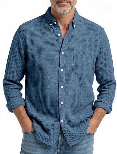  Herren Hemd Waffelhemd Durchgeknöpft Hemd Freizeithemd Blau Rosa Wein Marineblau Langarm Einfach Umlegekragen Geschäft Täglich Bekleidung Mode Modern Lässig