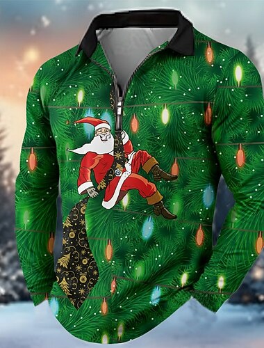  عيد الميلاد المجيد رجالي بابا نويل فوانيس بولو ستايل كم طويل طوي الحديث وقت الفراغ الرياضة & في الخارج كاجوال / يومي مهرجان سحاب طباعة ثلاثية الأبعاد الربيع الخريف الشتاء أزرق أحمر أخضر