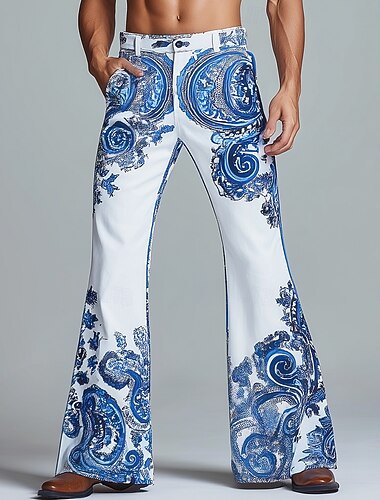  Herren Paisley-Muster Blumendruck Ethnisch Hose Disco-Hosen 60er 70er Schlaghosen Mittlere Taille Vintage-Retro Outdoor Party Lässig Seitentaschen Schlaghose Frühling Herbst 3D-Druck Blau Schwarz und