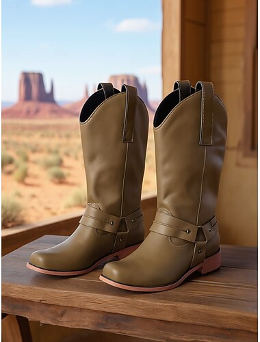  女性用 ブーツ カウボーイブーツ カウガールブーツ 日常 フラワー 刺しゅう ミッドカーフブーツ リベット ベックル ローヒール スクエアトゥ 西洋料理 カジュアル 合皮 ローファー カーキ色