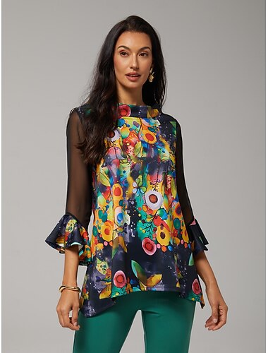  camicetta da donna nera con stampa floreale, maniche in chiffon elasticizzato, scollo a barca, casual, comoda, primavera estate autunno vacanza