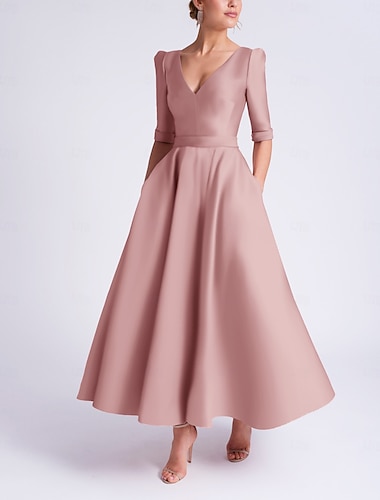  Krój A Lekko nad kolana Sukienka koktajlowa Sukienki imprezowe Elegancja Rękaw 1/2 W serek Formalny Gość weselny Satyna z Kieszeń