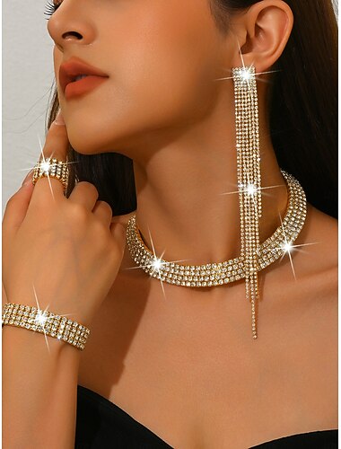  Smykkesett med gull og strass for kvinner - glitrende halskjede, øredobber, armbånd &Ringsett til cocktailfester, bryllup og formelle arrangementer