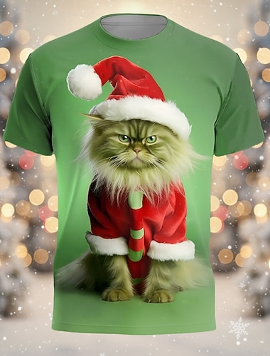  Noël Homme Chat T-shirt Manche Courte T-shirt Impression 3D Col ras du cou Chemise Quotidien Designer Artistique Vacances Soirée Rue Rouge Vert Gris Toutes saisons Vêtement Tenue S M L XL XXL XXXL