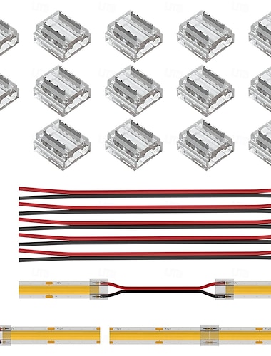  Zestaw złączy DIY FCOB COB SMD 8 mm 10 mm 0,31 cala, 14 szt. przezroczystych złączy, 5 szt. przewodów przedłużających 20 AWG o długości 15 cm do połączeń narożnych bez przerw i lutowania FCOB