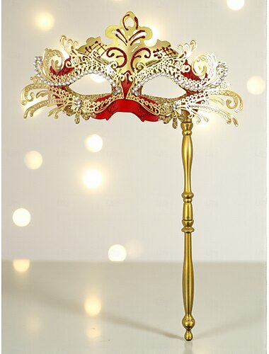  Máscara de baile de máscaras feminina com strass e alça - elegante dourada &Máscara vermelha portátil para fantasias de Ano Novo e bailes. &eventos de dança formais