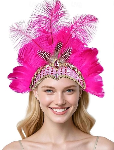  Karneval 2026 Rio Karneval Samba Tilbehør Hot Rosa Struts Fjær Hodeplagg Damer - Pailett Rhinestone Hodepryd - Karneval Showjente Mardi Gras Kostyme Brasil Festival Fremføring Kostyme
