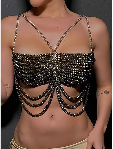  حمالة صدر نسائية من سلسلة أحجار الراين - مجوهرات من سلسلة صدر من الكريستال اللامع لحفلات رأس السنة الجديدة الجريئة وليالي النوادي &حفلات تنكرية