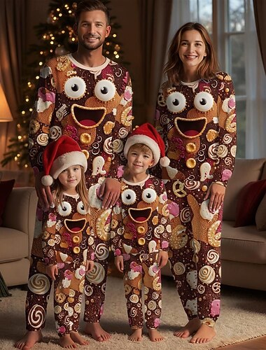  Familiestil Jul Julefamiliepyjamas Pyjamas Familiesett Grafisk Pepperkakemenn Hjem Trykt mønster Mørkebrun Ingefær Kamel Langermet Daglig Matchende antrekk