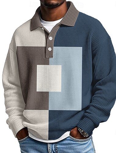  Férfi Színes Geometriai Gofris pólóingek Hosszú ujj Pólóingek Hajtóka Alkalmi Sportruházat Hétköznapi viselet 3D nyomtatás Tavasz Ősz Tél Sötétkék Égszínkék Lóhere