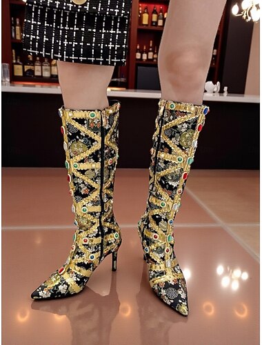  Botas de tacón de aguja para mujer adornadas con gemas de colores y detalles dorados, botas de lujo para fiestas nocturnas y ocasiones especiales.