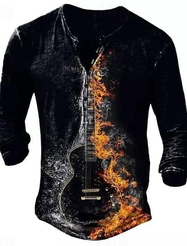  Men's Graphic Musical Instrument Henley Shirt Tee Long Sleeve 3D Print Fashion Designer Comfortable Outdoor Casual Daily Spring &  Fall Black Henley Henley T-Shirt