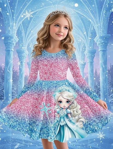 Jenter' 3D Grafisk Animé Kjole Langermet 3D-utskrift Vår Høst Ytelse Feriereise Fest Fritid Prinsesse Vakker Barn 4-12 år Uformell kjole Kjole med A-linje Knelang Normal