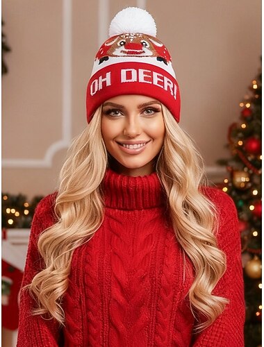  Γυναικείο χριστουγεννιάτικο πλεκτό σκουφάκι – κόκκινο με σχέδιο ταράνδου και πομ πομ, ύφασμα από πολυεστέρα, ιδανικό για εορταστικές εκδηλώσεις και χειμερινά ρούχα