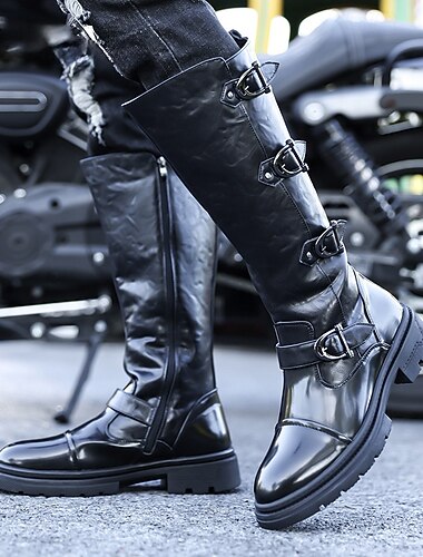  Botas de motociclista masculinas pretas em couro sintético com tiras – estilosas e práticas para pilotar, atividades ao ar livre e passeios casuais.