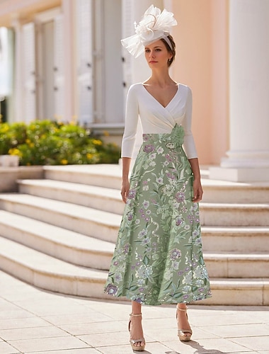  Krój A Sukienki Do kostki Sukienka koktajlowa Sukienki imprezowe Elegancja Zabytkowe Rękaw 1/2 W serek Formalny Rozciągliwa tkanina z Koronka Haft