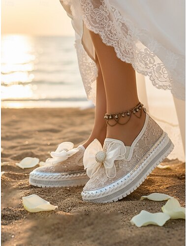  damesneakers med blonder og sløyfe - uformelle strandsko med sløyfedekor &komfortabel platåsåle, perfekt for seremonier ved sjøen