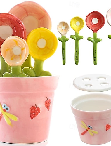  Kukkakuvioinen mittalusikkasetti - ainutlaatuinen leivontalahja - söpö keraaminen mittakuppi ja lusikka pidikkeellä - sopii kuiville ja märille aineksille - astianpesukoneen kestävä