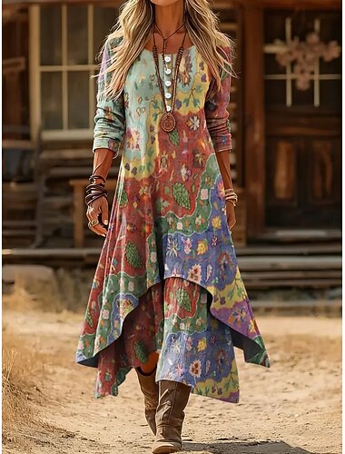  女性用 ミディドレス シフトドレス カジュアル 日常 祝日 レギュラー グラフィック 幾何学模様 長袖 クルーネック ブルー オレンジ ベージュ 秋 冬