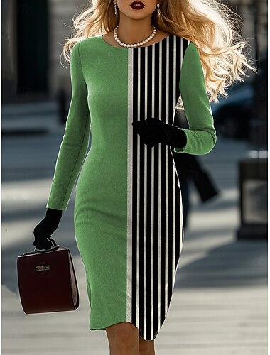  女性用 ミディドレス シースドレス カジュアル 日常 レギュラー グラフィック 幾何学模様 長袖 クルーネック グリーン ライトグレー ダック 春 秋