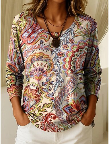 Naisten T-paita Kuvitettu Geometrinen Kasvit Vintage Tyylikäs Vapaa-aika Pitkähihainen Tiukka pyöreä kaula-aukko Tavalliset topit Päivittäin Viikonloppu Painettu Sininen Punastuvan vaaleanpunainen