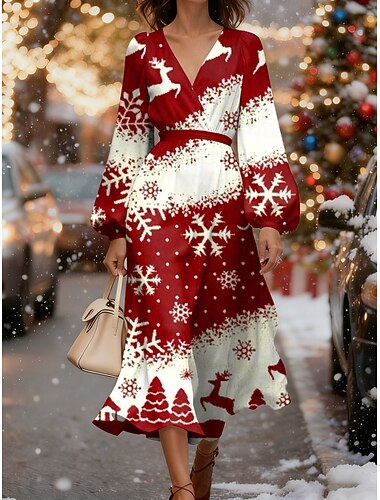  Рождественское женское платье миди с елкой и снежинками платье А-силуэта отдых повседневная вечеринка вечерняя партия обычное облегающее платье графический принт длинный рукав V-образный вырез винный