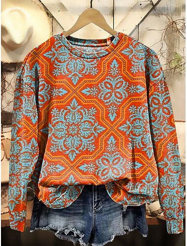  Damen Pullover Sweatshirt Patchwork Grafik Geometrisch Lässig Langarm Rundhalsausschnitt Normale Oberteile Lässig Straße Alltagskleidung Blau Gelb Orange Herbst Winter