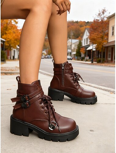  mörkbruna damstövlar med grov klack – snörstövlar med spänne, snygga höstskor för streetwear och vardagskläder