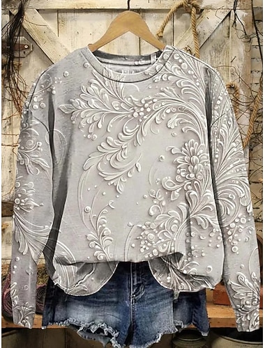  女性用 プルオーバースウェットシャツ フラワー グラフィック ペーズリー あたたか ヴィンテージ 西洋料理 長袖 クルーネック レギュラートップス ストリート 日常着 カジュアル プリント ベージュ 春 秋 冬