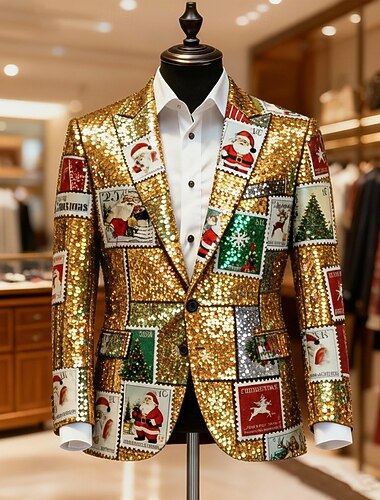  عيد الميلاد المجيد رجالي بابا نويل جاكيت بليزر معطف مريح فني كاجوال ملابس الحفلات والسهرات مناسب للبس اليومي مهرجان طباعة ثلاثية الأبعاد Buttons خريف & شتاء حز كم طويل أحمر ذهبي رمادي