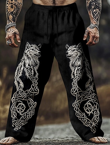  Herren Wolf Wikinger Keltische Kunst Hose Freizeithose Baggy-Hosen Mittlere Taille Vintage-Retro Lässig Outdoor Elastischer Kordelzug in der Taille Leinenähnliche Hose mit Taschen Frühling Herbst