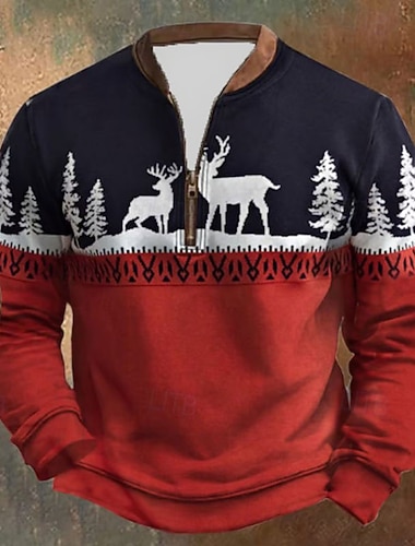  Noël Homme Renne Impression Sweat-shirt à fermeture éclair quart Sweat-shirts manche longue Sweat-shirt Demi-zip Vintage Rétro Imprimé Fête Sortir Imprimé Automne Hiver