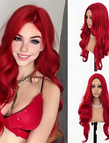  Lange, gewellte rote Damenperücken, 71 cm lang, mit Mittelscheitel, lockig, für Cosplay, natürlich aussehende Kunsthaarperücken, lange rote Perücke, Haarersatzperücken für den Alltag, Partys, Kostüme,