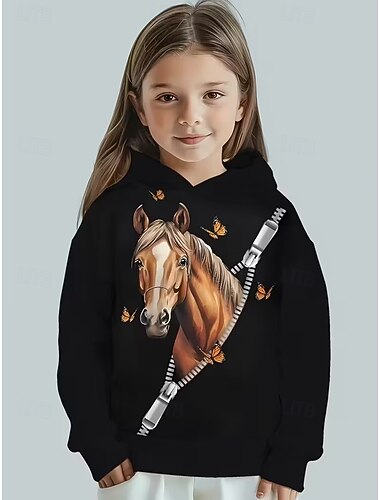  女の子 3D グラフィック 動物 馬 パーカー Pullover 長袖 3Dプリント 春 秋 スポーツ ファッション ストリートファッション 子供 4〜12年 フード付き アウトドア カジュアル 日常 レギュラー