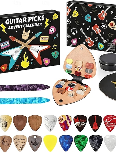  Kalendarz adwentowy z kostkami do gitary na rok 2025 dla dorosłych nastolatków, 24-dniowy kalendarz odliczający dni z 20 kostkami i akcesoriami, kolekcjonerski prezent świąteczny dla gitarzystów i