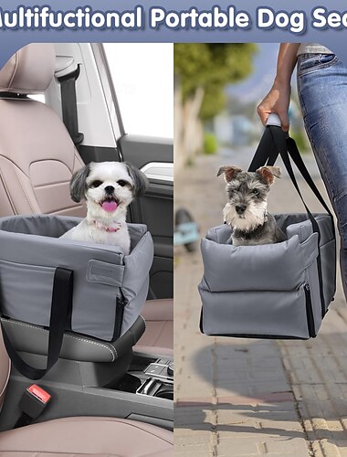  hundebilsete, hundeboosterbilsete for små hunder, bærbart kjæledyrbilsete for valper, midtkonsollbilsete med sikker bånd, oppbevaringslommer, myk pute