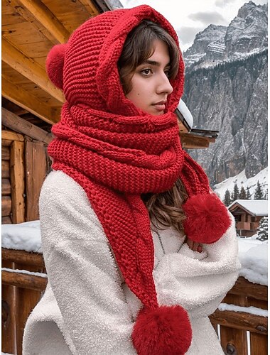  Bufanda navideña de punto con capucha para mujer: forrada con suave forro polar, con detalle de pompón, disponible en varios colores para un look invernal perfecto, ideal para regalar en Navidad y para actividades al aire libre.