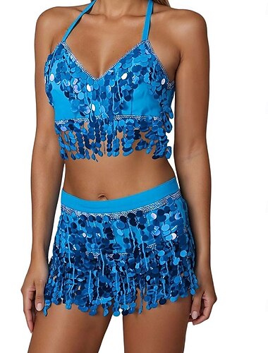  Samba Dancewear Jupe de danse du ventre avec crop top ensemble de jupes à sequins et à franges haut de danse rave costumes de fête costume de performance