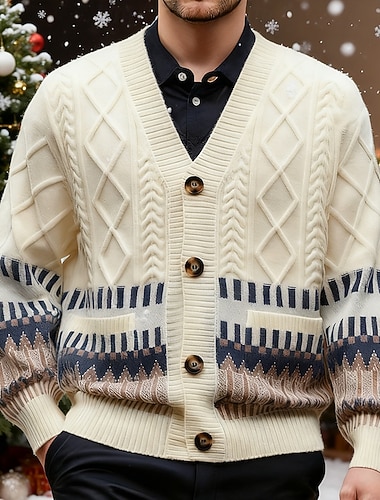  בגדי ריקוד גברים סוודרים לחג המולד סוודר חג סוודר קרדיגן סוודר קצוץ סוודר סרוג מצולע לִסְרוֹג חולצות רגילות טלאים כפתורים גֵאוֹמֶטרִיָה צווארון V אופנתי קלסי חופשה לבוש יומיומי ביגוד סתיו חורף