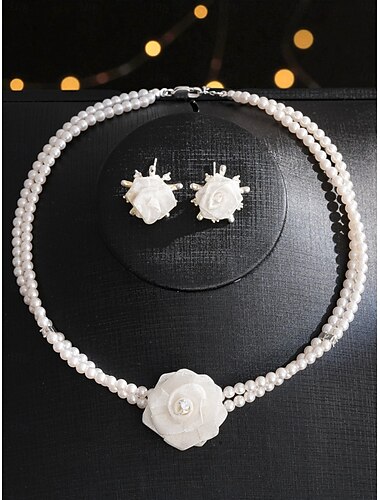  סט תכשיטי פנינים לנשים - שרשרת ורדים אלגנטית מבד ועגילים תואמים למסיבות ערב ראש השנה &חגיגות מיוחדות